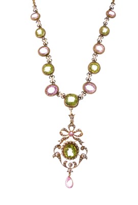Lot 312 - Peridot, pink tourmaline and seed pearl pendant necklace
