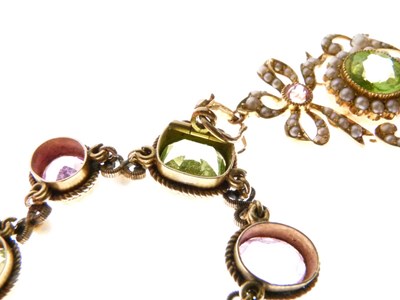 Lot 312 - Peridot, pink tourmaline and seed pearl pendant necklace