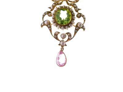 Lot 312 - Peridot, pink tourmaline and seed pearl pendant necklace