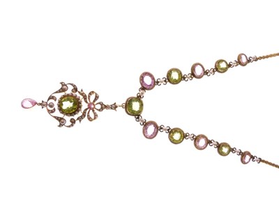 Lot 312 - Peridot, pink tourmaline and seed pearl pendant necklace