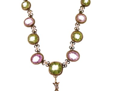 Lot 312 - Peridot, pink tourmaline and seed pearl pendant necklace