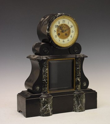 Lot 452 - French black slate and verde antico marble drumhead mantel clock