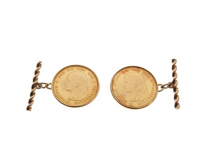 Lot 323 - Pair of Wilhelmina 1897 Dutch 10 Gulden coins, mounted as cufflinks