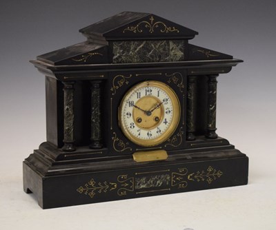 Lot 457 - French black slate and verde antico marble 'temple' mantel clock