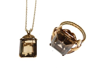 Lot 12 - '14K' yellow metal brown topaz ring and pendant