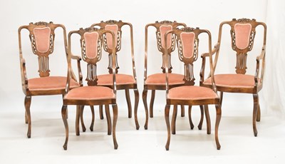 Lot 579 - Set of six (4 + 2 arm) Edwardian carved fruitwood salon or parlour chairs