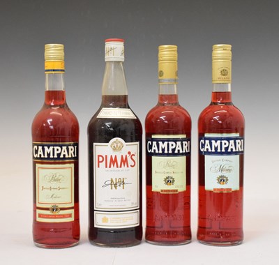 Lot 361 - Three bottles of Campari and a 1 litre bottle of Pimm's No1 Cup