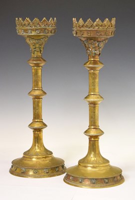 Lot 286 - Pair of reproduction brass Gothic Revival pricket candlesticks