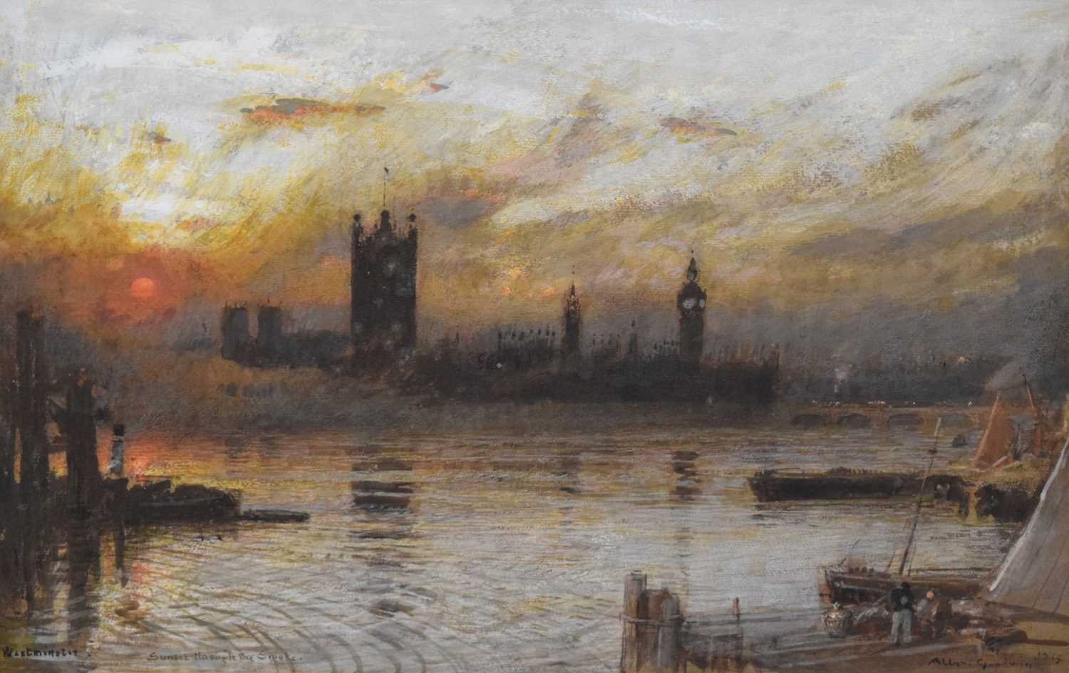 Lot 535 - Albert Goodwin R.W.S. (British, 1845-1932) - Watercolour - 'Westminster, Sunset Through The Smoke'
