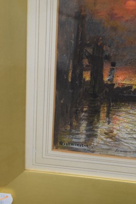 Lot 535 - Albert Goodwin R.W.S. (British, 1845-1932) - Watercolour - 'Westminster, Sunset Through The Smoke'