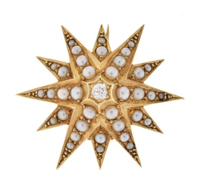 Lot 21 - Late Victorian seed pearl and diamond starburst brooch