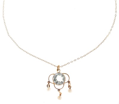 Lot 30 - Pendant and chain set pale blue stone and seed pearls, unmarked yellow metal