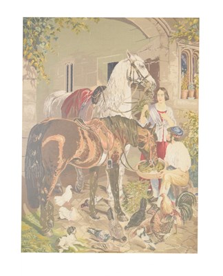 Lot 598 - Large mid-Victorian wool needlepoint tapestry, ‘Feeding the Horses’ after Sir Edwin Landseer