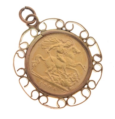 Lot 234 - Edward VII half gold sovereign 1904, in pendant mount