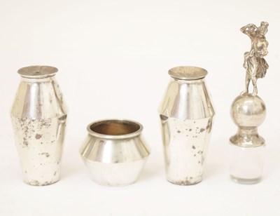 Lot 199 - Garrard & Co - silver three-piece condiment set, and an Edwardian silver-topped bottle stopper