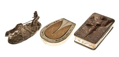 Lot 297 - Silver-plated box with presentation inscription, cast mule figural group, and a plated horse shoe box
