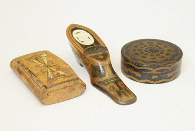 Lot 318 - Treen and pique work shoe snuff box with inset portrait panel