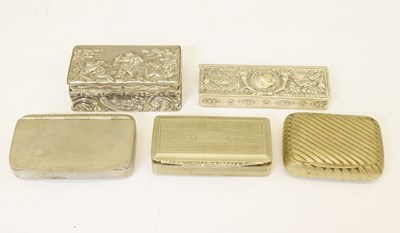 Lot 194 - Edward VII silver snuff box, a German 800 standard white metal box, and three plated boxes (5)