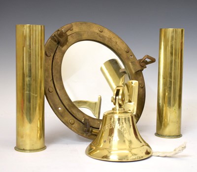 Lot 298 - Porthole-style mirror, together with a  'Queen Mary' brass bell, two shell case vases