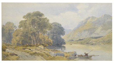 Lot 564 - Aaron Edwin Penley (1806-1870) - Watercolour - Loch scene with figure in a fishing boat
