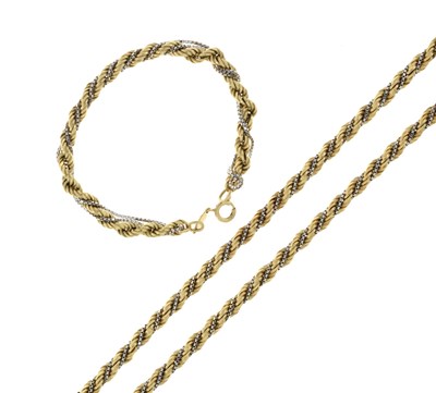 Lot 80 - Yellow and white metal fancy rope-link necklace and bracelet, 34g