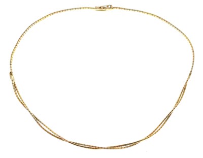Lot 82 - Three-colour plaited fancy link necklace, stamped '750'