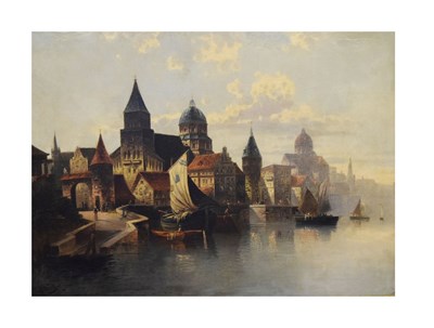 Lot 568 - 'Gilbert' - Oil on canvas - Continental harbour/port scene