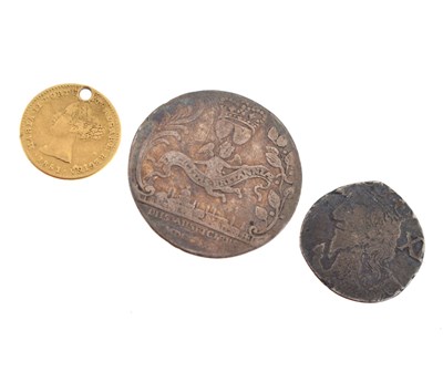 Lot 260 - Portuguese Maria II 1000 Reis gold coin, George III commemorative medallion and one other coin
