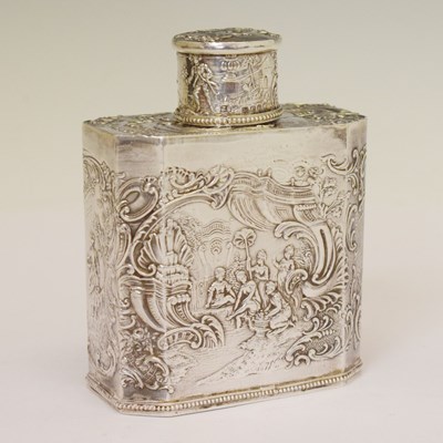 Lot 232 - Dutch white metal tea caddy with embossed Roccoco decoration
