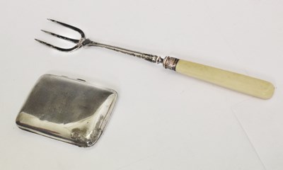 Lot 170 - George V silver cigarette case together with a George V ivorine handled silver fork