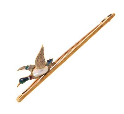 Lot 44 - Enamel and pearl decorated duck in flight bar brooch