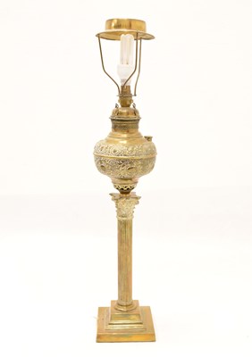 Lot 273 - Gilt metal Corinthian column oil lamp (fitted for electricity)
