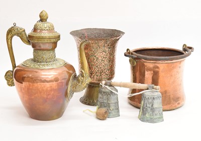 Lot 473 - Tibetan copper and brass coffee pot and vase, together with a copper bucket