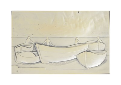 Lot 231 - Italian silver relief panel depicting figures and fishing boats, stamped 'Ottadiani'