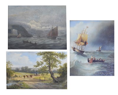 Lot 531 - English school - Oil on board - Coast scene with sailing boats