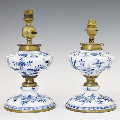 Lot 420 - Pair of blue and white porcelain lamps