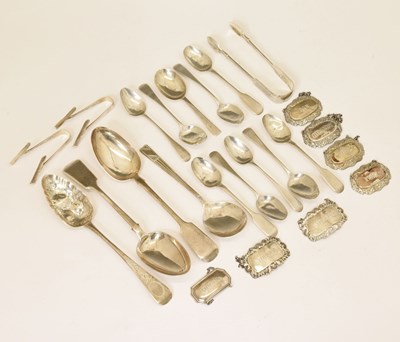 Lot 191 - Seven silver decanter labels, nine silver teaspoons, two tablespoons, two asparagus servers, etc