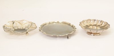 Lot 209 - Silver waiter, pierced bon bon dish and scallop edge bowl