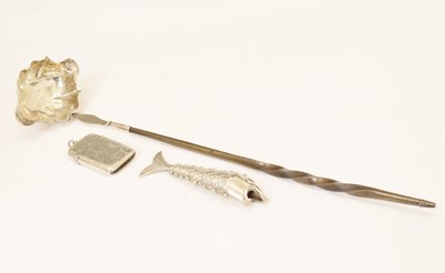 Lot 175 - George II silver toddy ladle,  a white-metal articulated fish, and a silver vesta case