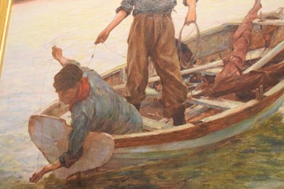 Lot 565 - Newlyn School - Oil on canvas - Two line fishermen in a rowing boat