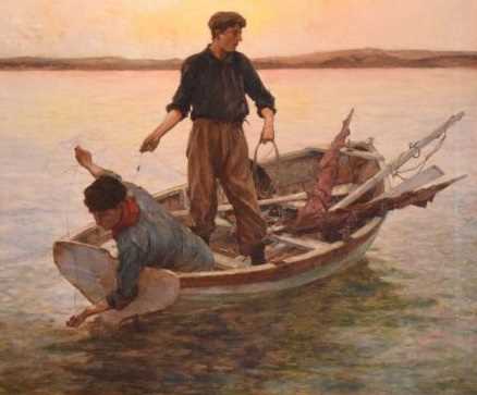 Lot 565 - Newlyn School - Oil on canvas - Two line fishermen in a rowing boat