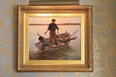 Lot 565 - Newlyn School - Oil on canvas - Two line fishermen in a rowing boat