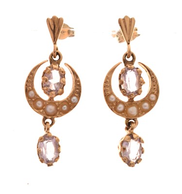 Lot 105 - Pair of 9ct gold seed pearl and amethyst crescent moon drop earrings