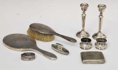 Lot 171 - Assorted silver to include a pair of Elizabeth II dwarf silver candlesticks, etc