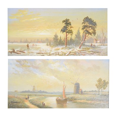 Lot 563 - Raymond Campbell - Two oils on board - 'Quite Dutch Canal' and 'Winter Skaters'