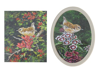 Lot 557 - Martin Rumary - Two watercolour - Wrens with flowers and foliage