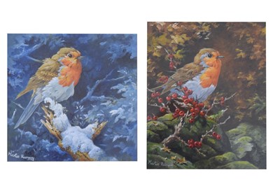 Lot 558 - Martin Rumary - Two watercolours - Robins in seasonal treetops