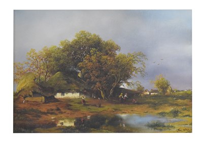 Lot 516 - Thomas Williams - Oil on canvas - 19th century-style landscape with thatched cottages