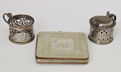 Lot 178 - Edward VII silver two-piece condiment set, and a white metal and mother-of-pearl Jerusalem purse