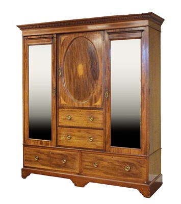 Lot 644 - Edwardian mahogany inlaid triple wardrobe